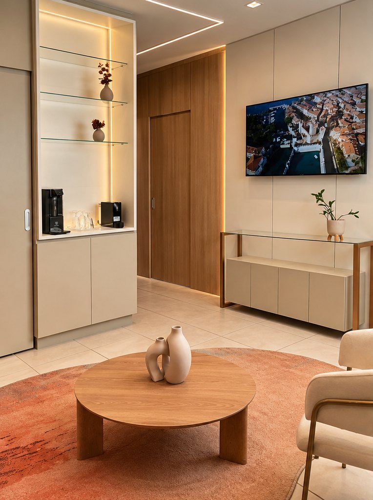 Espaço com cafeteira e sala de convivência da clínica